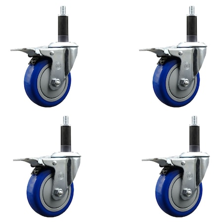 Service Caster 4'' Blue Poly Swivel 1'' Expanding Stem Caster Set Total Lock Brake, 4PK SCC-EXTTL20S414-PPUB-BLUE-1-4